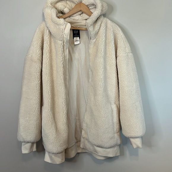 NWT GAP Sherpa Fleece Coat Jacket new full zip hooded ivory cream - Picture 5 of 7